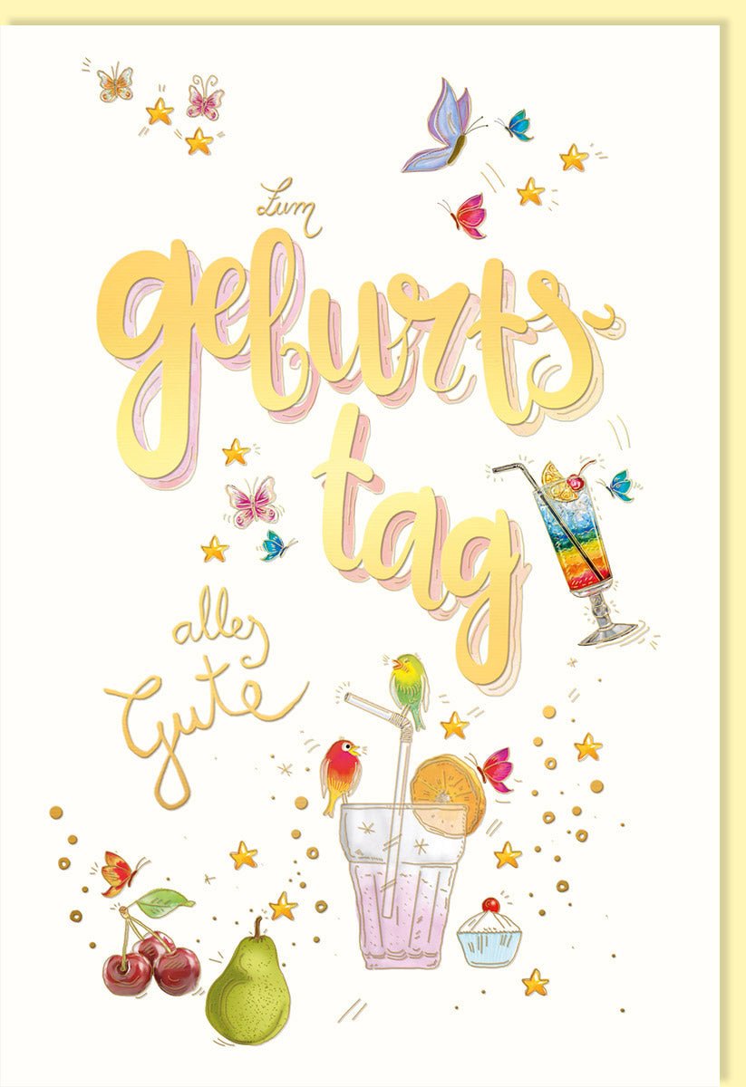 Geburtstags - Doppelkarte mit Schmetterlingen und Vögeln – Bunte Glückwunschkarte auf Naturkarton, Goldfolie & Blindprägung, für Erwachsene & Kinder, Gelb