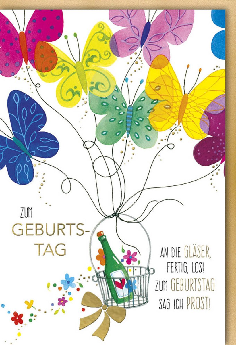 Geburtstags - Doppelkarte mit Sekt & Schmetterlingen - Bunte Gratulationskarte zum Anstoßen, Cheers Jubiläum & Festlichkeit