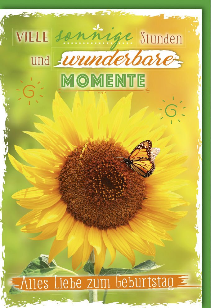 Geburtstags - Doppelkarte mit Sonnenblume & Schmetterling - Natürliche Glückwunsch - Grußkarte voller Freude & Wärme