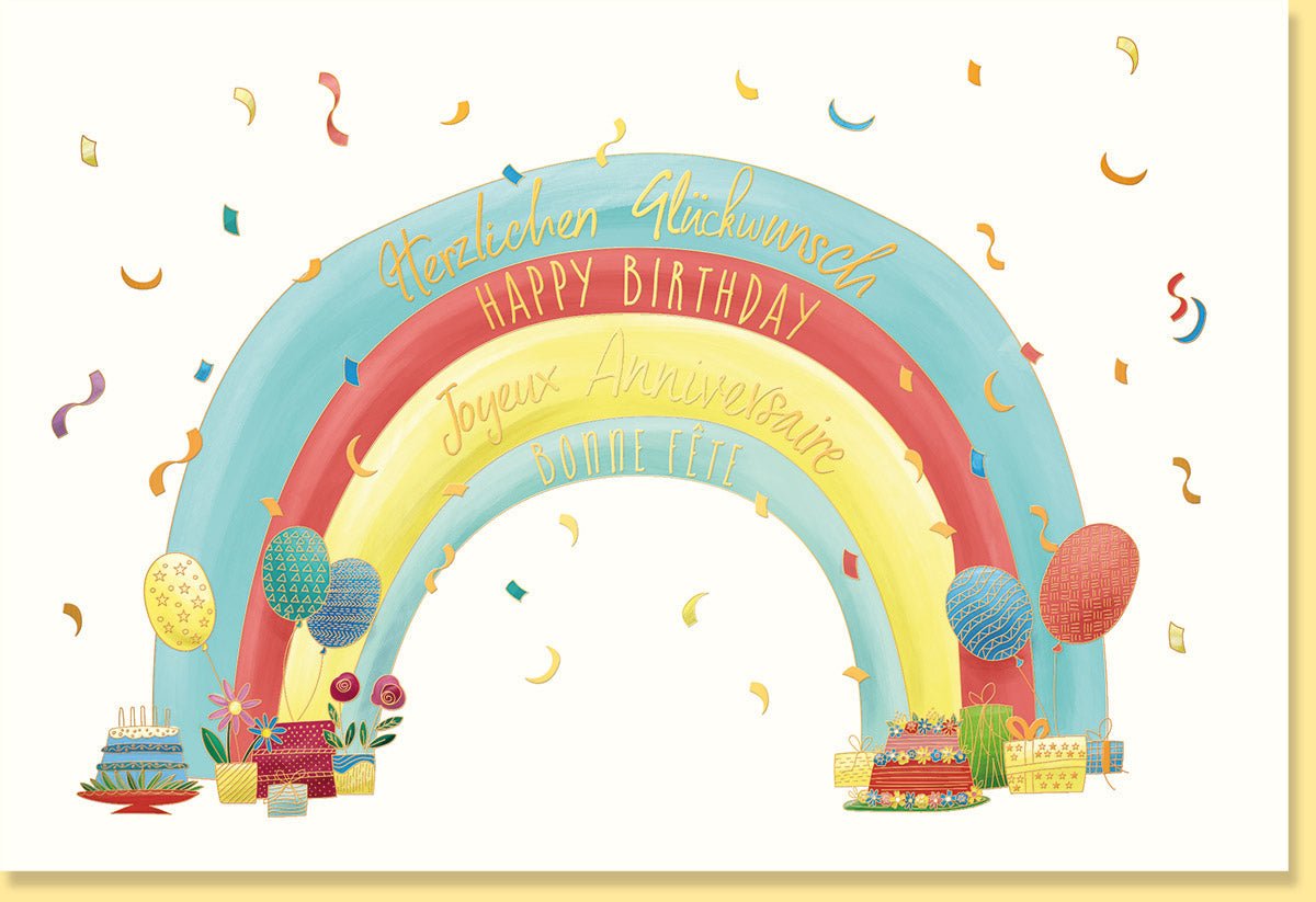 Geburtstags - Doppelkarte mit Spruch: Bunte Happy Birthday Feier - Herzlichen Glückwunsch, Konfetti & Luftballons Celebration Grußkarte