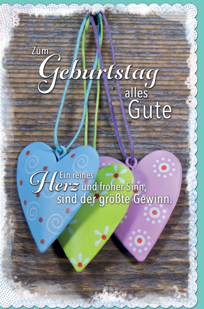 Geburtstags - Doppelkarte mit Spruch in Holzoptik, Farbenfroh mit Herzanhänger - Liebevolle Glückwunschkarte