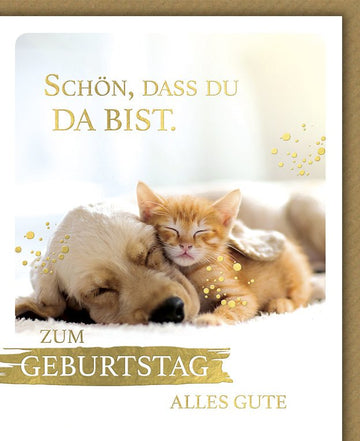 Geburtstags - Doppelkarte mit Tiermotiven: Hund & Katze, Liebe & Freundschaft, Gold Konfetti - Herzlicher Geburtstagsgruß