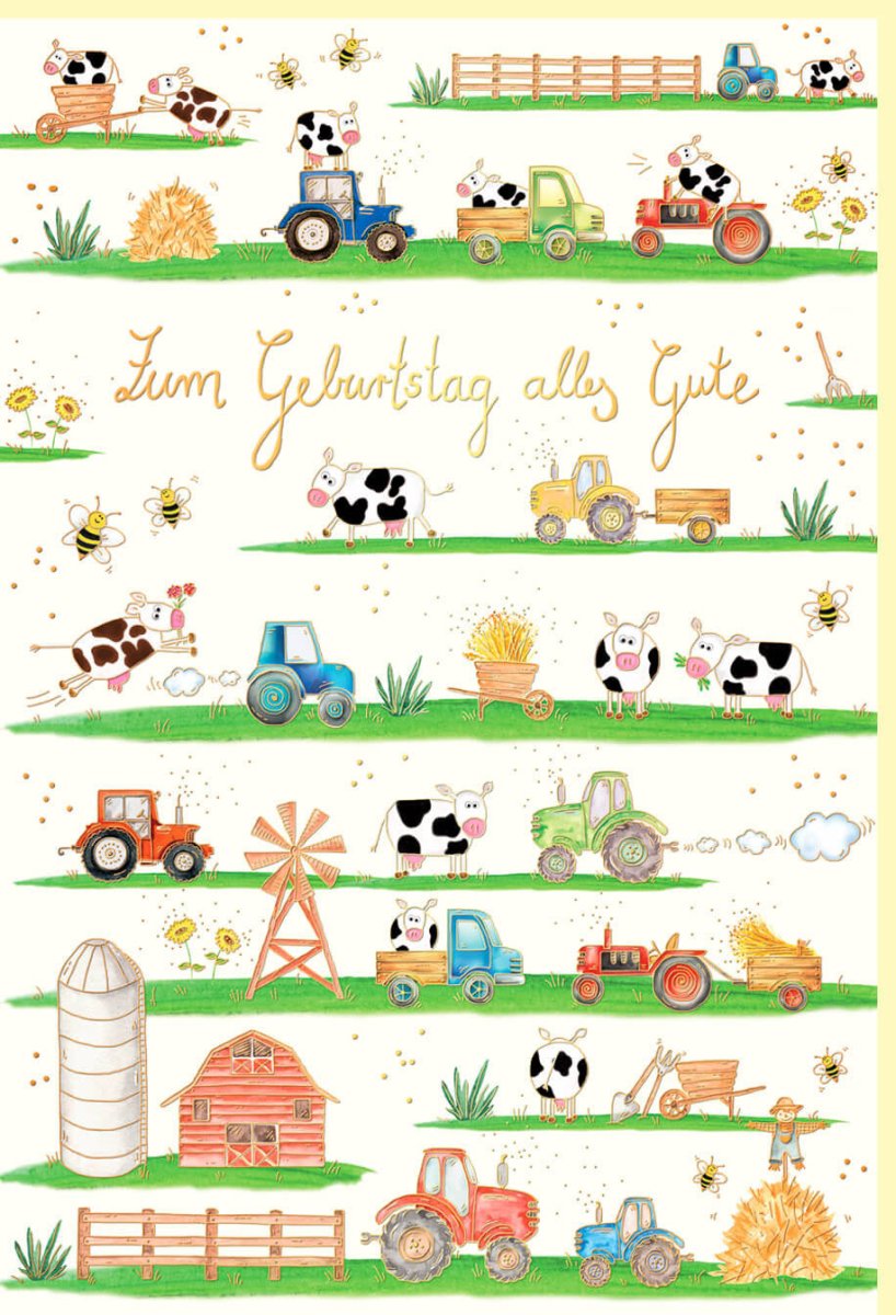 Geburtstags - Doppelkarte mit Traktor & Kuh Motiv - Naturkarton mit Goldfolie & Blindprägung, Bauernhof - Thema Fahrzeuge Landwirtschaftliche Feier