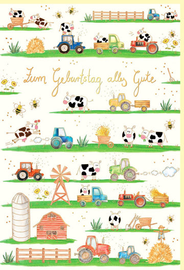 Geburtstags - Doppelkarte mit Traktor & Kuh Motiv - Naturkarton mit Goldfolie & Blindprägung, Bauernhof - Thema Fahrzeuge Landwirtschaftliche Feier