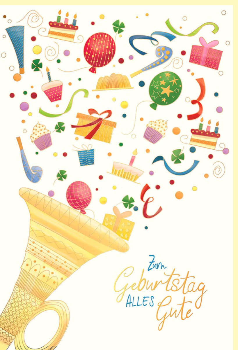 Geburtstags - Doppelkarte mit Trompeten - Motiv: Bunte Glückwunschkarte für Erwachsene & Kinder, Naturkarton mit Goldfolie & Blindprägung, Musikalische Party - Feier Design - Illustration, Jubiläums - Grußkarte