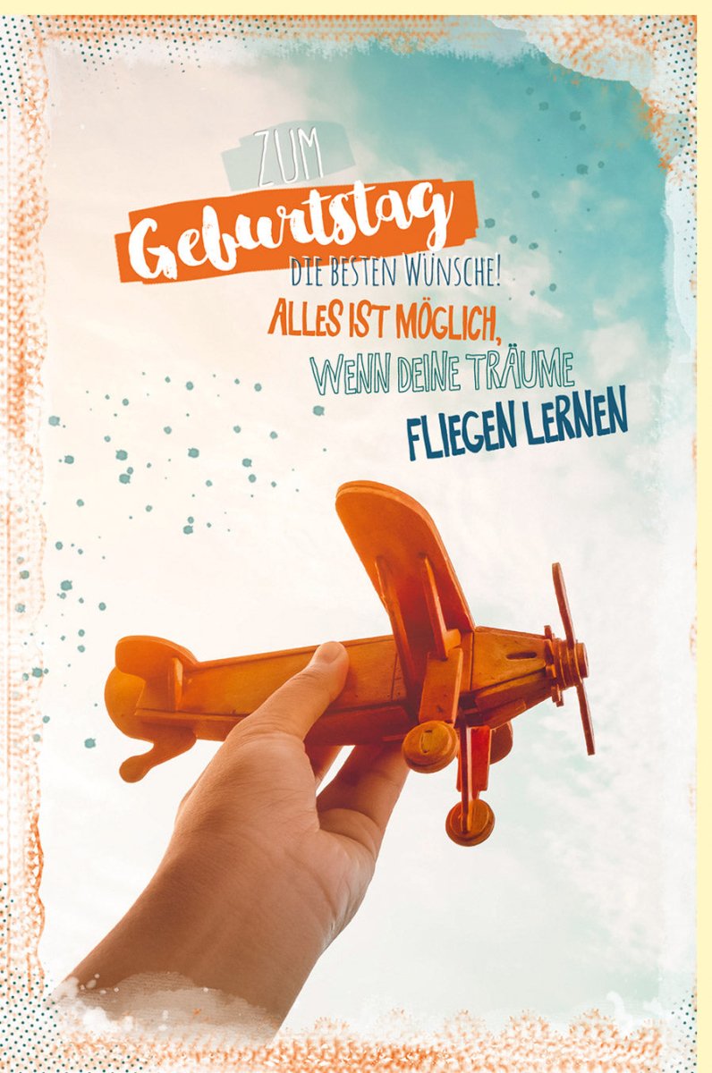 Geburtstags - Doppelkarte mit Vintage Flugzeug - Motiv | Inspirierende Hand - Schriftzug Glückwunschkarte | Retro Himmel & Abenteuer Design in Orange | Ideal für Erwachsene & Jugendliche - Feier Deine Träume!