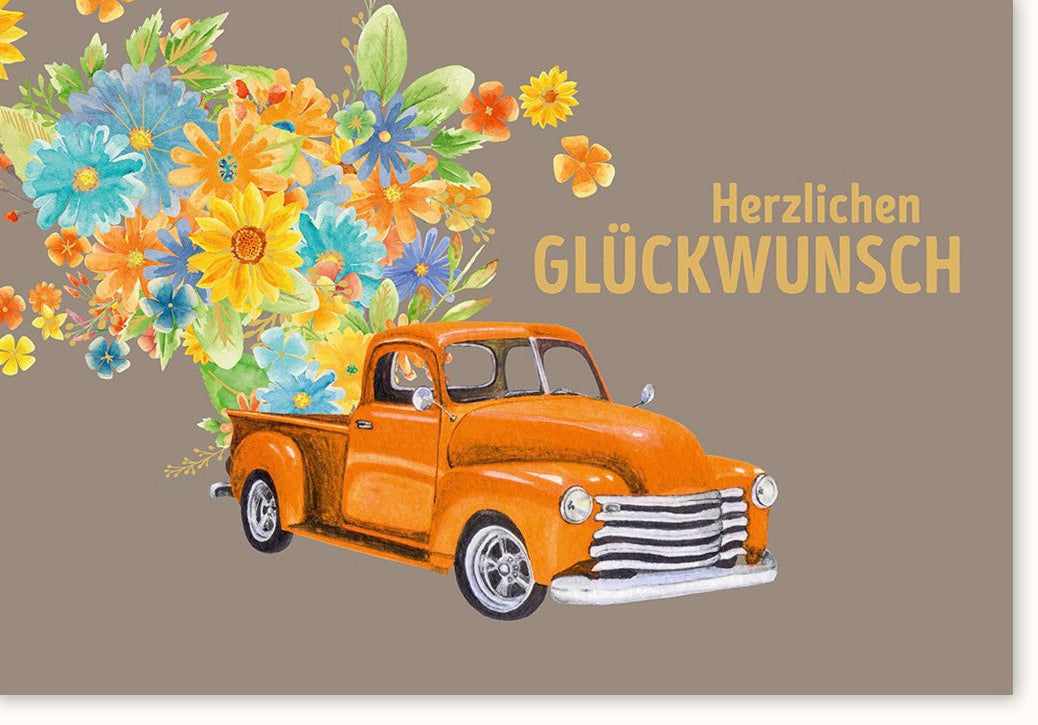 Geburtstags - Doppelkarte mit Vintage Pickup & Blumen Illustration - Herzlichen Glückwunsch Retro Design Gratulationskarte für besondere Anlässe