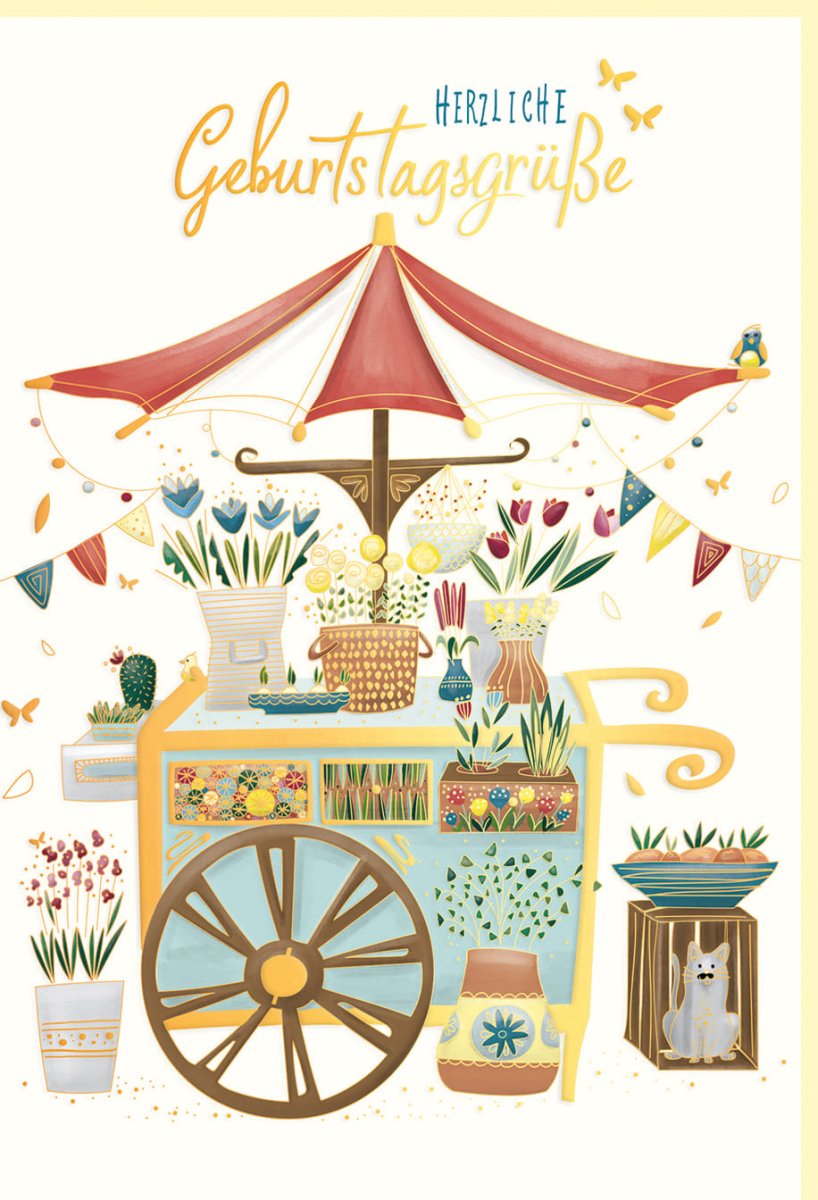 Geburtstags - Doppelkarte mit Vintage Wagen & Blumen Design - Naturkarton mit Goldfolie & Blindprägung - Elegante Glückwunschkarte für Erwachsene und Frauen, Gelb - Perfektes Geschenk zur Gratulation & Feier