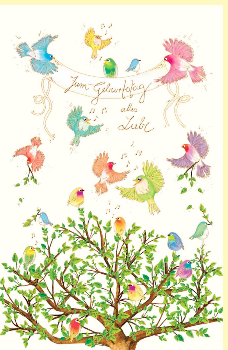 Geburtstags - Doppelkarte mit Vogelmotiv: Elegante Glückwunschkarte, Naturkarton mit Goldfolie & Blindprägung, Handgeschriebener Schriftzug, Feierliche Gratulationskarte für Erwachsene & Kinder in Pastellfarben