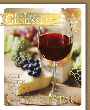 Geburtstags - Doppelkarte mit Weintrauben & Weinglas Design – Elegante Glückwunschkarte für Genussvolle Feier, Festlicher Cheers Toast - Anstoß, 120 - 150 Zeichen
