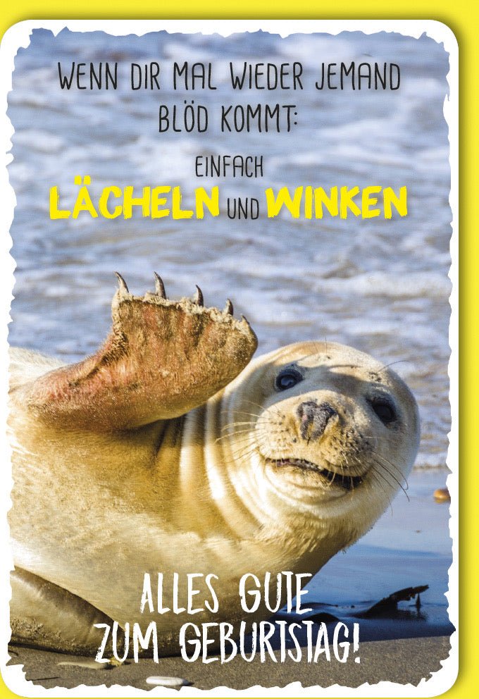 Geburtstags - Doppelkarte mit Witz: Seehund Humor, Gelbe Glückwunschkarte, Meerestier Fotografie & Spruch – Lächeln & Winken Design