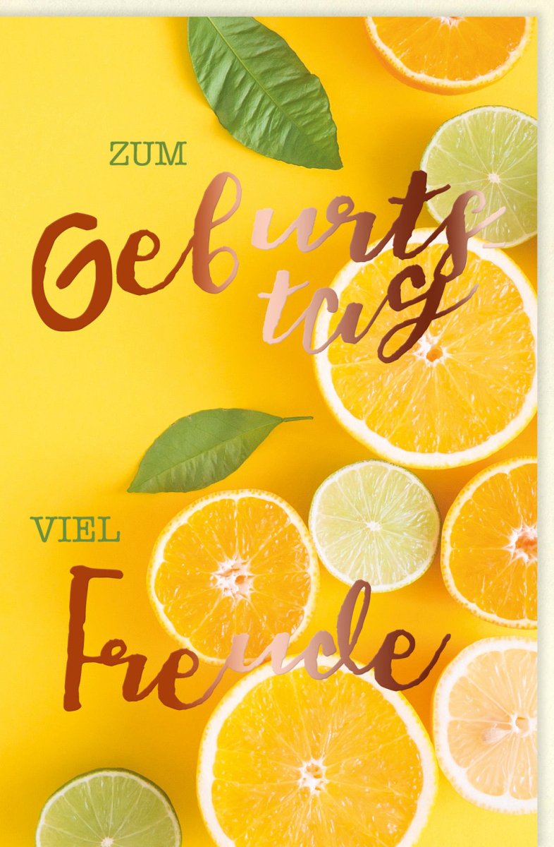 Geburtstags - Doppelkarte mit Zitronen & Limetten Design, Kupferfolie – Fröhliche Farbenfrohe Sommerfrische Zitrusfrüchte