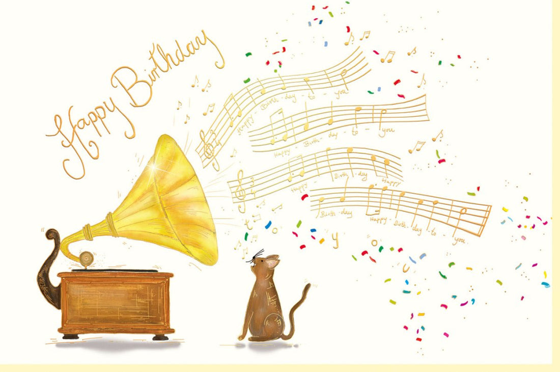 Geburtstags - Doppelkarte Skorpion - Motiv: Vintage Grammophon & Katze, Naturkarton mit Goldfolie & Blindprägung, Musiknoten Design, Retro Qualität für Erwachsene und Sammler, beige - gold, Exklusiv