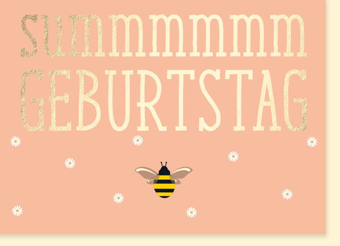 Geburtstags - Doppelkarte "Summende Glückwünsche" - Witzige Biene & Blumen in Pastell, Lustige Gratulation zum Happy Birthday
