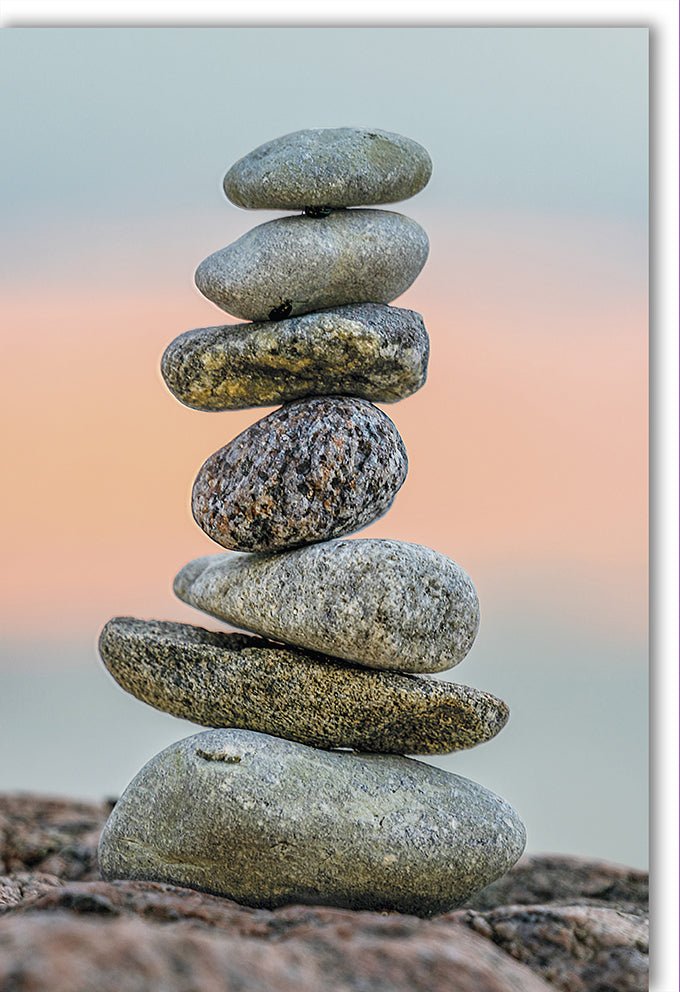 Geburtstags - Doppelkarte "Zen Balance" – Naturmotiv mit Steinen, Strand & Sonnenuntergang für Ruhe und Harmonie, Blanko - Innenseite