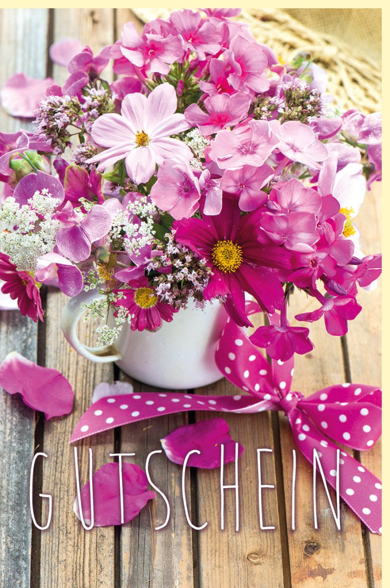 Geburtstags - & Muttertags - Doppelkarte mit Gutschein für Blumenstrauß - Rosa & Lila Blüten, Vintage Holzhintergrund, Elegante Geschenkkarte für Frauen, Liebevolles Dankeschön, Florales Design in Pink, Natürliche Farbtöne, Ideal für Frühling & Sommer