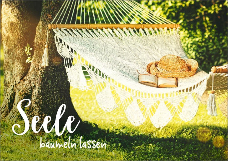 Geburtstags - Postkarte "Entspannung Pur" - Hängematte & Natur Idylle, Sonnenschein im Garten, Lebensweisheit, Erholung & Ruhe für die Seele