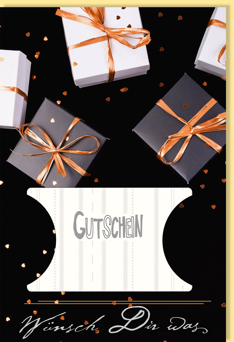 Geburtstags - & Weihnachts - Doppelkarte - Elegante Gutscheinkarte mit Goldener Schleife, Gestanztes Design in Schwarz & Weiß, Geschenkgutschein für Alle Anlässe, Glückwunsch Präsentkarte mit Dekoration