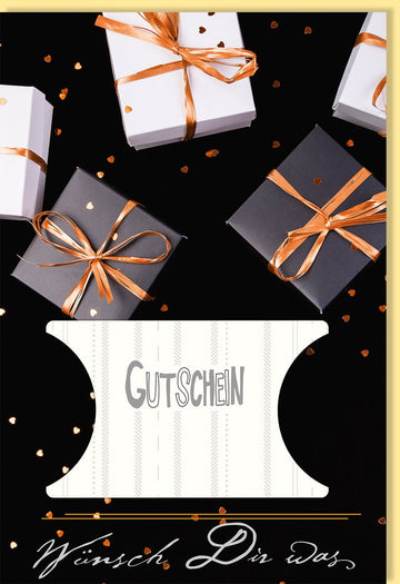 Geburtstags - & Weihnachts - Doppelkarte - Elegante Gutscheinkarte mit Goldener Schleife, Gestanztes Design in Schwarz & Weiß, Geschenkgutschein für Alle Anlässe, Glückwunsch Präsentkarte mit Dekoration