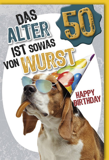 Geburtstagskarte 50. Lustige Hund Cartoon Doppelkarte - Witziger Spruch, Sonnenbrille & Wurst Motiv für Jubiläum & Feier Deko