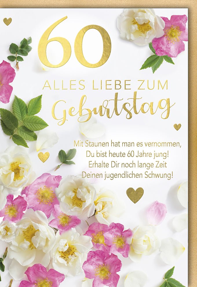 Geburtstagskarte 60. Jubiläum - Elegante Doppelkarte mit Blumen & Goldener Schrift, Feierliche Glückwünsche & Einladung