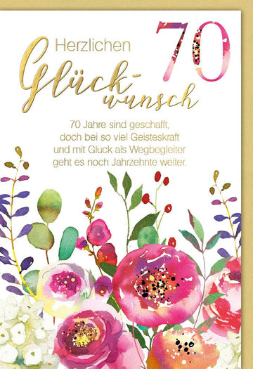 Geburtstagskarte 70. Jubiläum - Elegante Doppelkarte mit Glückwunsch, Aquarell Blumen & Gold Schriftzug