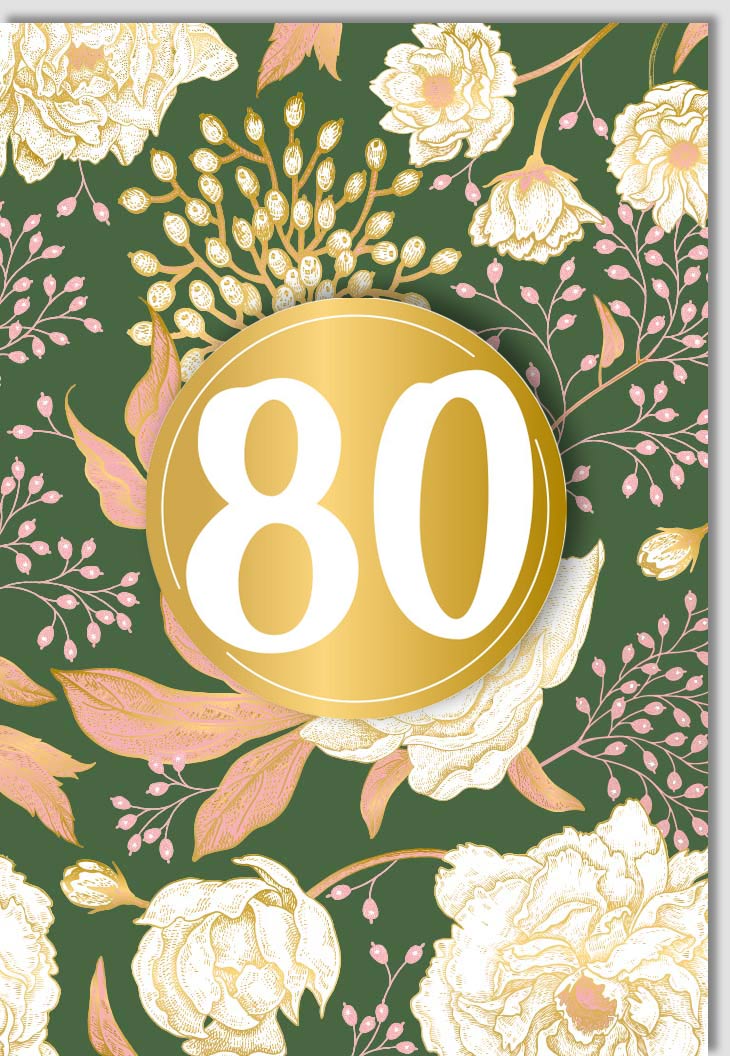 Geburtstagskarte 80 Jahre - Elegante Grüne Blüten & Gold Applikation, Glückwunschkarte zum Achtzigsten, Florales Design für Festlichkeit & Jubiläum