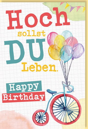 Geburtstagskarte 85 Hoch sollst du leben Happy Birthday bunte Luftballons Fahrrad farbenfrohes Design ideal für Geburtstagsfeiern und besondere Anlässe mit Umschlag