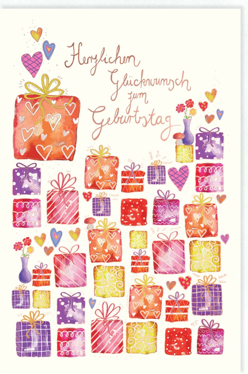 Geburtstagskarte – Bunte Herzen Glückwunschkarte, Jubiläums Feier Gratulation, Festliche Grußkarte mit Liebe & Freude