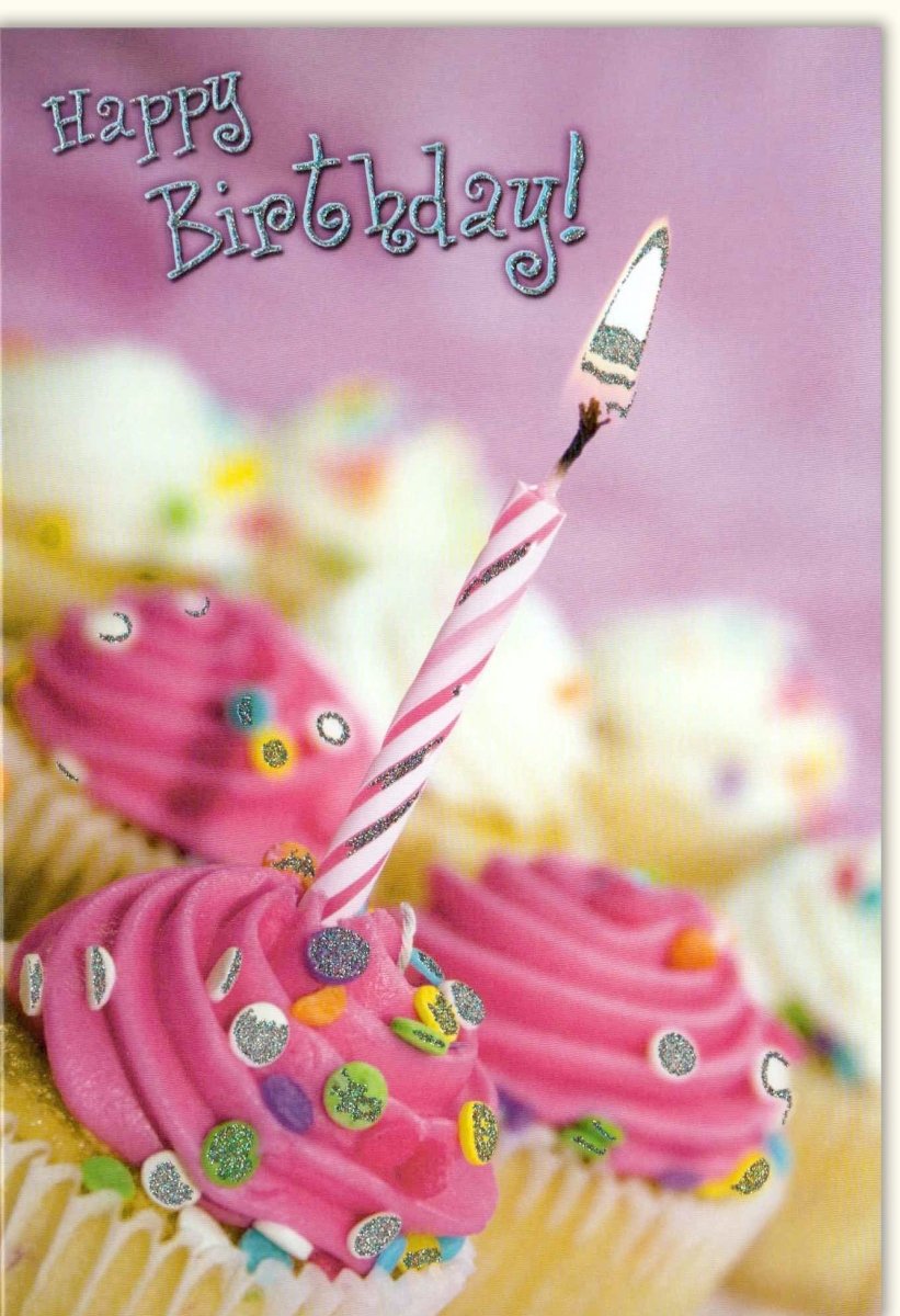 Geburtstagskarte Doppelkarte - Happy Birthday mit Cupcakes & Kerze, Pink Bunte Feierliche Glückwunschkarte, Süßer Geburtstagsgruß mit Festlicher Dekoration, Papeterie für Feiertage, Dessert Zuckerguss & Sparkler Design