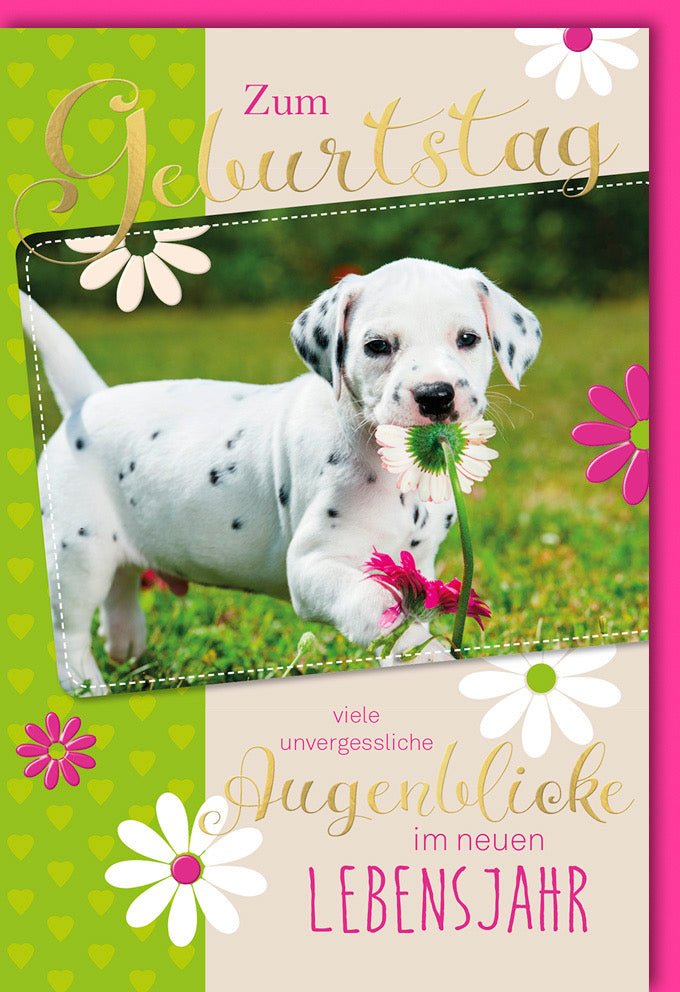 Geburtstagskarte Doppelkarte mit fröhlichem Dalmatiner - Welpen, Blumen in Grün & Rosa - Festliche Glückwunschkarte mit Tiermotiv und herzlichen Geburtstagsglückwünschen - Grußkarte für eine feierliche Celebration