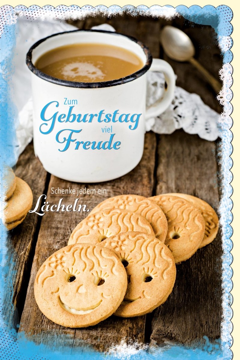 Geburtstagskarte Doppelkarte – Rustikaler Vintage Holz - Hintergrund mit Kaffee & Smiley - Keksen, Gemütliche Glückwunsch - Karte voller Freude und Lächeln