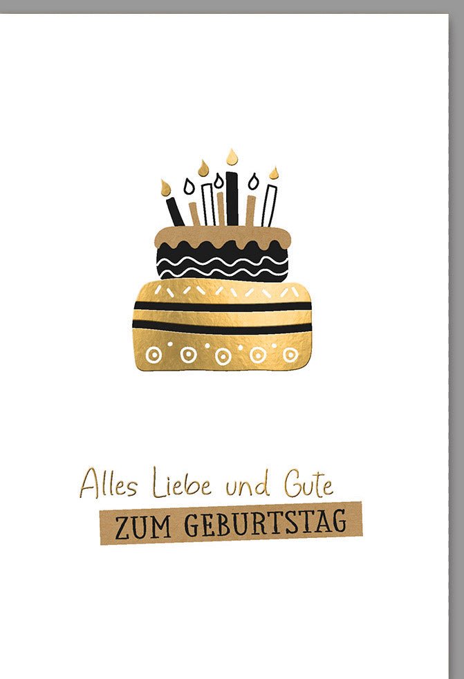 Geburtstagskarte - Elegante Doppelkarte mit Torte & Kerzen Design, Moderne Glückwunschkarte in Gold, Schwarz & Weiß für stilvolle Geburtstagsgrüße und Feier, Schlichte Gratulationskarte