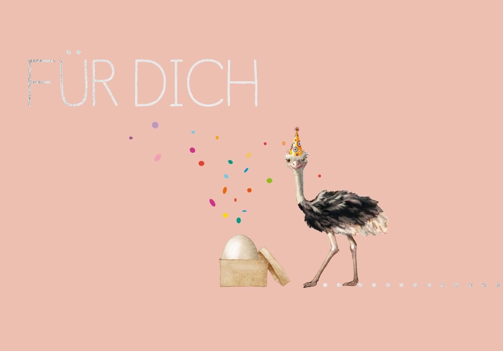 Geburtstagskarte - Fröhlicher Strauß mit Konfetti & Partyhut, Spaßige Glückwunsch - Postkarte, Rosa Hintergrund, Feier - Illustration