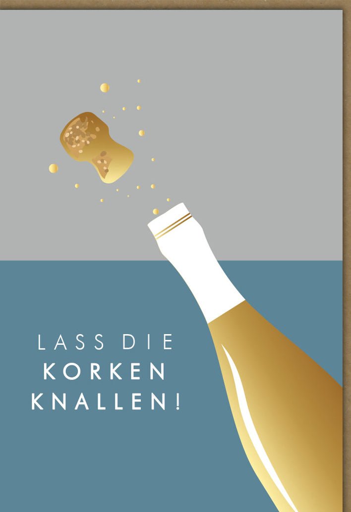 Geburtstagskarte für Erwachsene - Elegante Doppelkarte mit Sektflasche & Cheers - Motiv, Gold & Blau, Festlich mit Spruch, Jubiläum & Party Celebration, Glückwunschkarte zum Anstoßen & Gratulieren