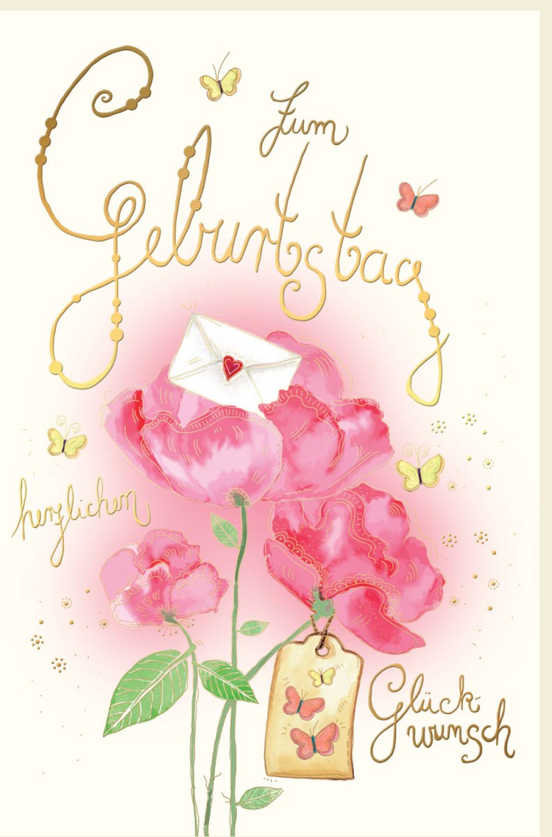 Geburtstagskarte für Frauen - Elegante Doppelkarte mit Blumen und Schmetterlingen im Vintage - Stil, Rosa Glückwunschkarte Handgeschrieben, Herzlichen Glückwunsch