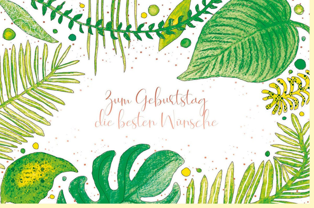 Geburtstagskarte für Frauen: Elegante Glückwunschkarte mit stilvollem Flora - Design, Hochwertige Doppelkarte aus Naturkarton mit Metallicfolie in Roségold und Grün, Edle Pflanzen - Motive für Erwachsene
