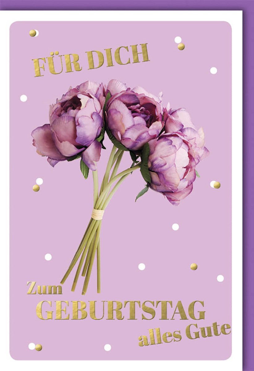 Geburtstagskarte für Frauen: Elegante Pfingstrosen & Lila Blumenstrauß, Moderne Typografie - Glückwünsche Grußkarte