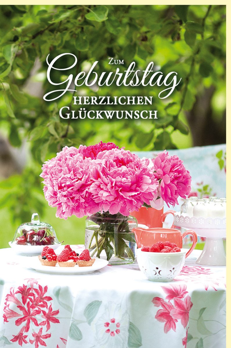 Geburtstagskarte für Frauen im Vintage Landhausstil - Doppelkarte mit Sommerblumen & Früchten, Pfingstrosen & Himbeeren, Idyllischer Gartentisch in Rosa & Grün, Gemütliche Natur - Szenerie für die Ältere Generation