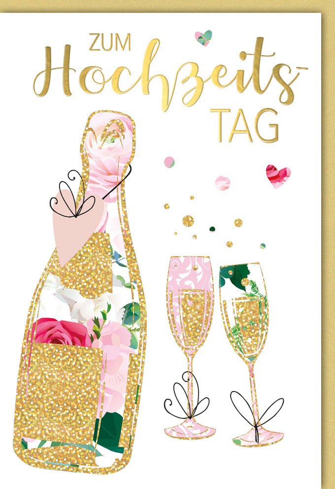Geburtstagskarte für Frauen mit Umschlag Sektflasche Gläser Blumen Goldglitzer Herzchen Schriftzug Zum Hochzeitstag elegante und festliche Karte ideal für besondere Anlässe mit Umschlag