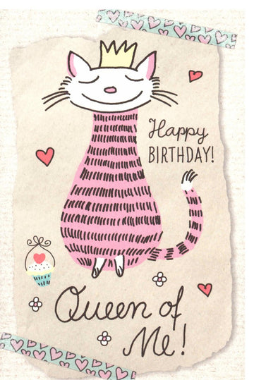 Geburtstagskarte für Frauen - Queen Katze Humorvolle Glückwunschkarte, Pink mit Herzen Illustration