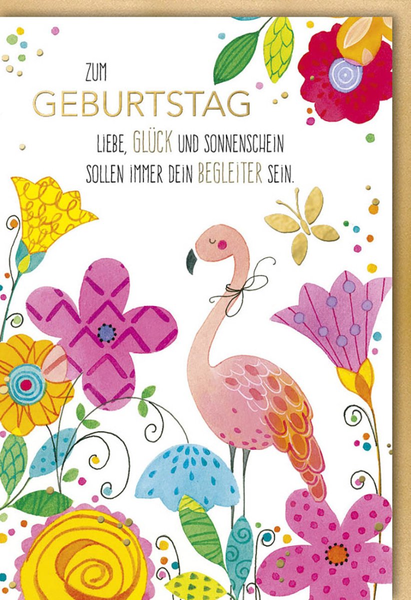 Geburtstagskarte für Frauen und Mädchen - Fröhliche Flamingo & Blumen Illustration, Bunte Glückwunschkarte mit Spruch, Rosa Gelb Grün, Doppelkarte für Gratulation und Geburtstagsgruß, Festliche Papeterie