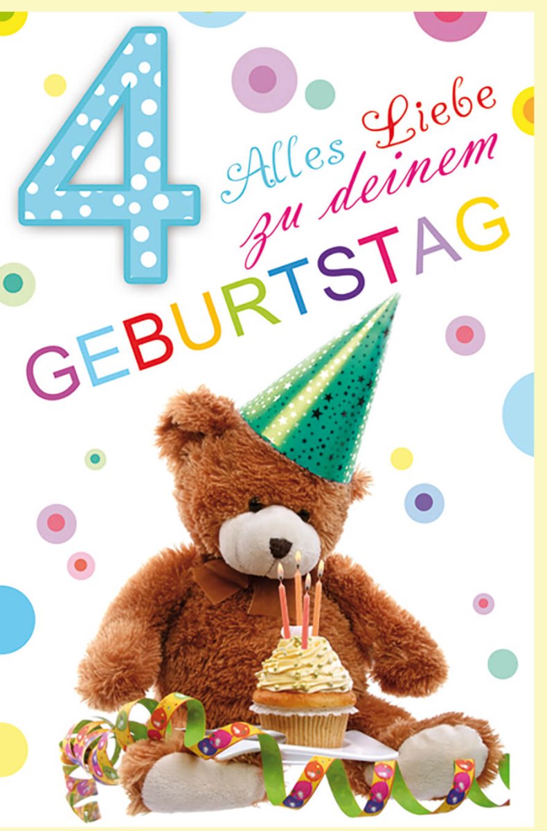 Geburtstagskarte für Kinder: 4. Geburtstag - Bunte Teddybär - Partyhut & Torte Design, Glitzer - Konfetti & Kerze Motiv, Zahl 4 - Fröhliche Glückwünschkarte mit Umschlag