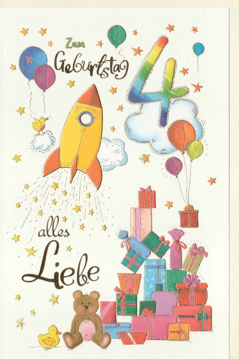 Geburtstagskarte für Kinder 4 Jahre - Bunte Rakete & Ballons, Teddy, Sterne Motiv, Glückwunsch Party Deko, Gratulations - Doppelkarte