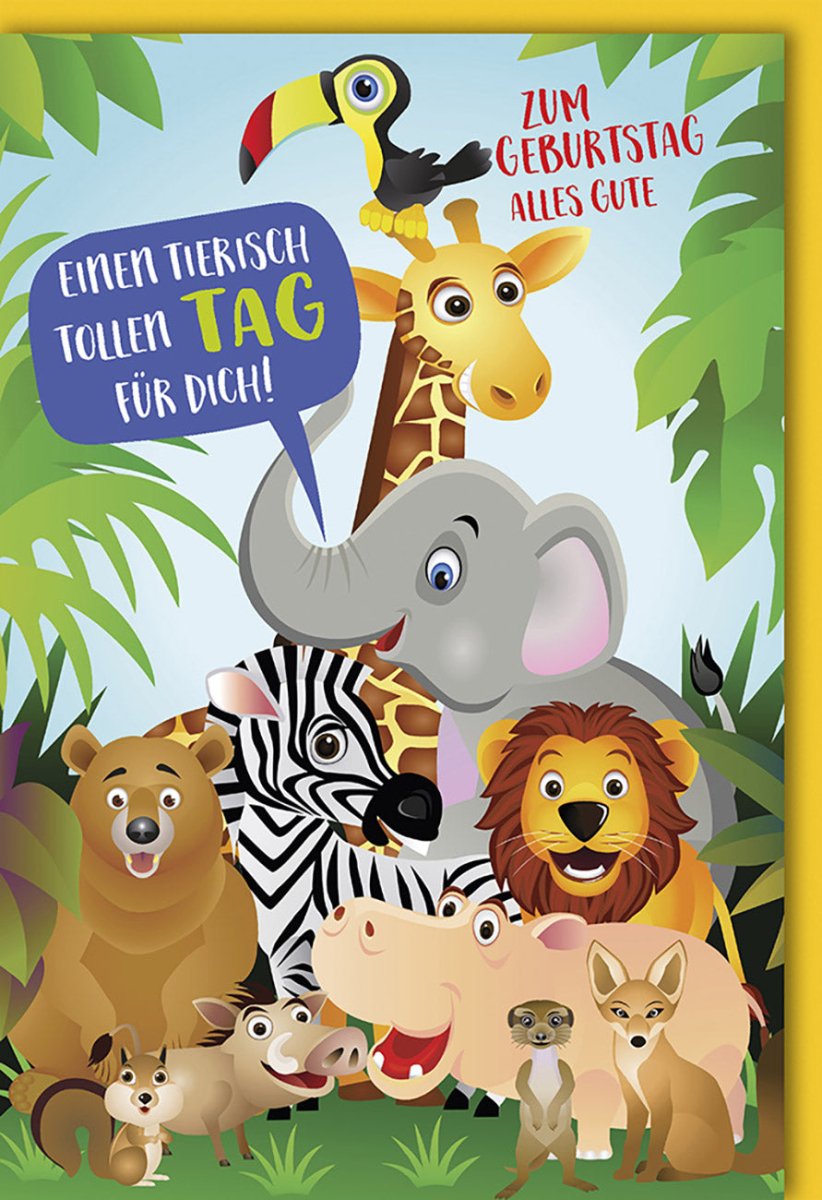 Geburtstagskarte für Kinder - Bunte Dschungeltiere Glückwunschkarte mit Elefant, Giraffe, Löwe & Co, Fröhliche Cartoon - Party Illustration