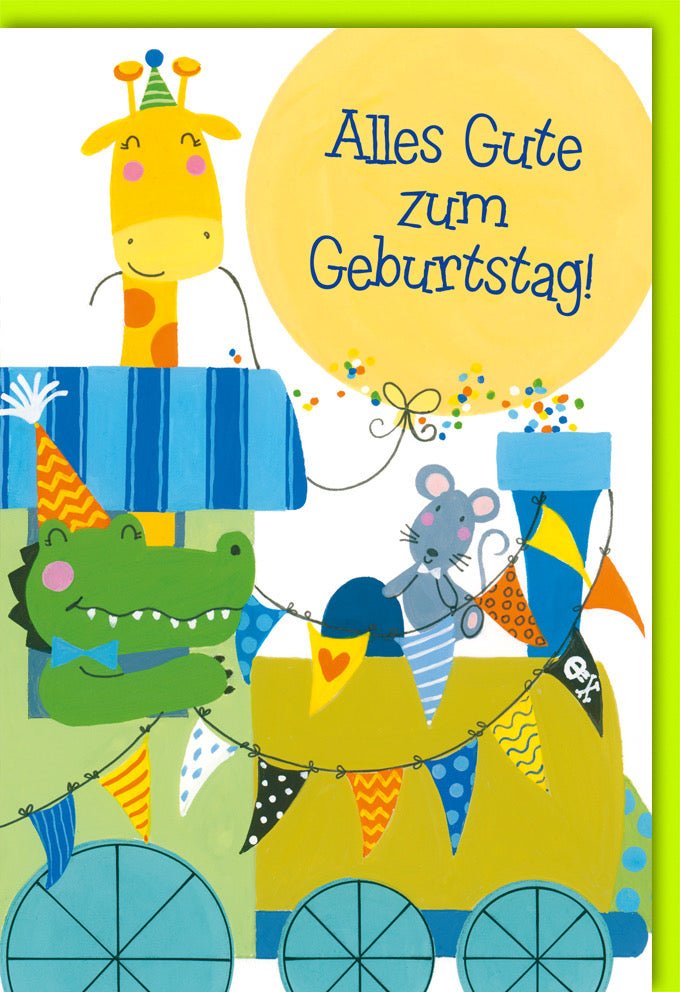Geburtstagskarte für Kinder: Bunte Tier - Motive mit Giraffe, Krokodil & Maus, Wimpelkette & Ballons – Glückwunsch Doppelkarte