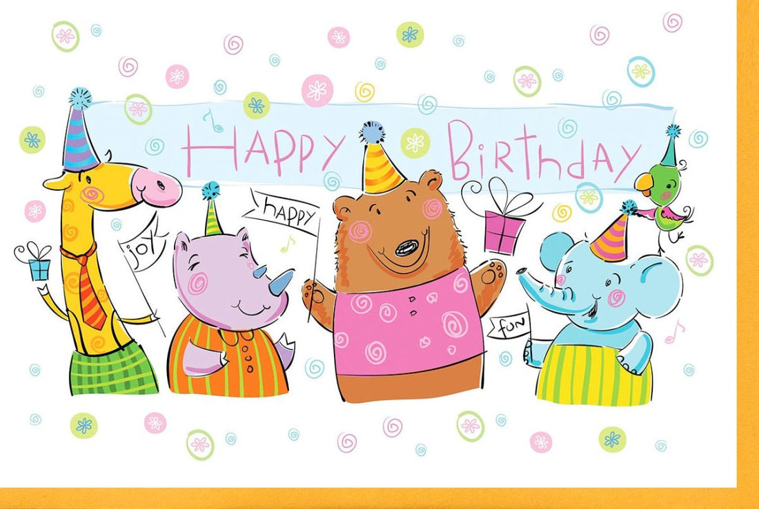 Geburtstagskarte für Kinder - Bunte Tierparty mit Hüten, Geschenken & Luftballons - Fröhliche Cartoon - Illustration Grußkarte