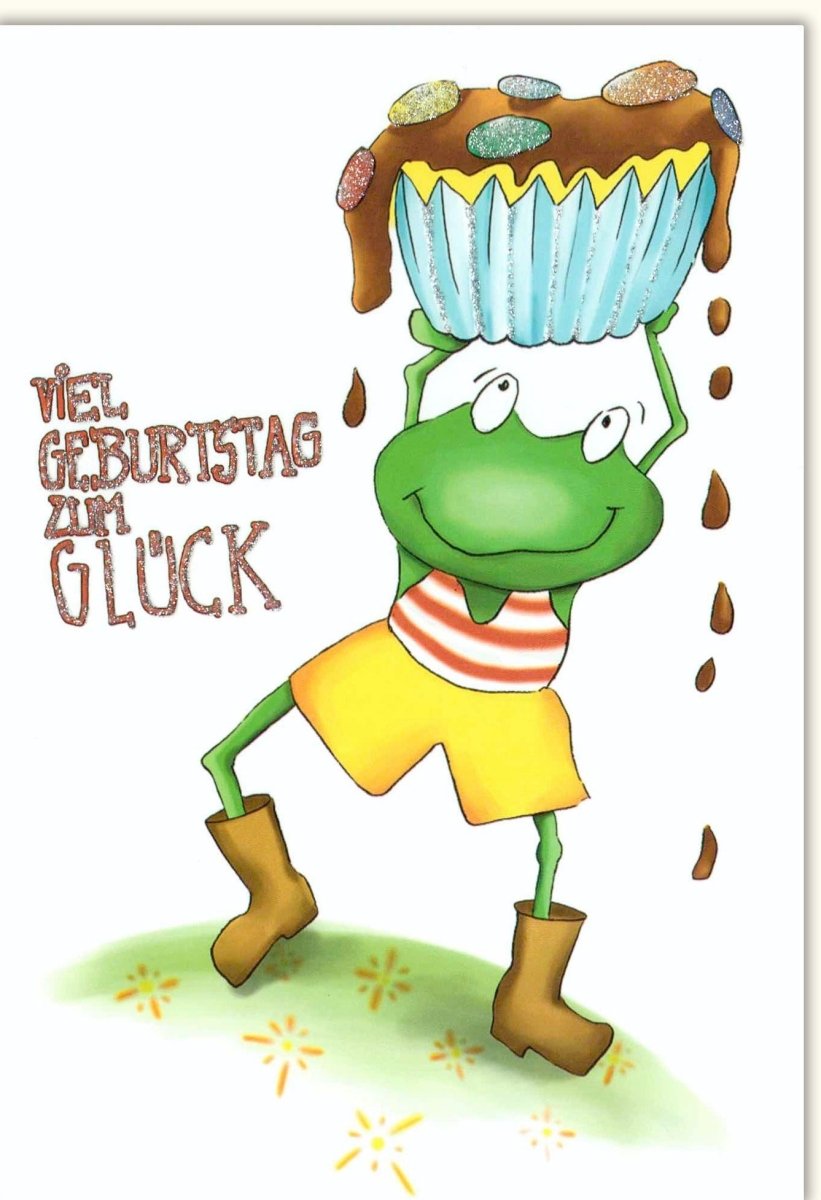 Geburtstagskarte für Kinder - Fröhlicher Frosch mit Glitzerlack, Bunte Spaßige Glückwunschkarte, Witziges Tiermotiv, Cartoonillustration, Happy Birthday Gratulationskarte mit Feierlaune