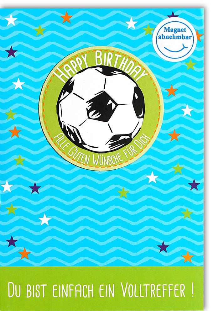 Geburtstagskarte für Kinder - Fußball - Thema mit Magnet, Glückwünsche & Einladung, Junge & Mädchen, Sterne in Blau & Grün, Party - Volltreffer, Sportliches Ballspiel - Design, Celebration Grußkarte für Festlichkeit & Fun, Happy Birthday Doppelkarte Set
