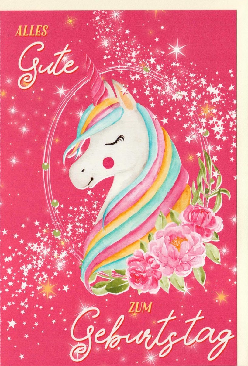 Geburtstagskarte für Kinder - Magisches Einhorn mit Glitzer, Rosa Blumen Design - Doppelkarte zur Gratulation & Feier